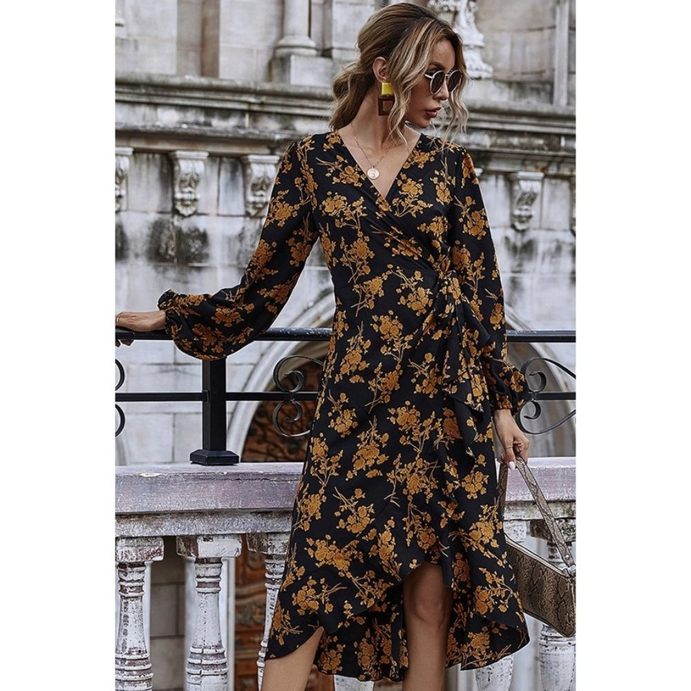 Floral Printing Wrap Midi Dress